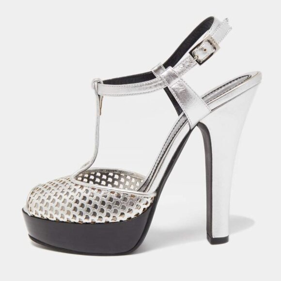 Fendi Metallic Silver Laser Cut Leather T-Strap Peep Toe Platform Sandals - Picture 1 of 15